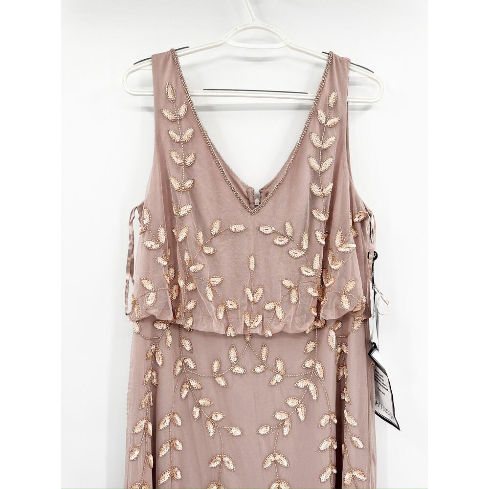 Adrianna Papell Beaded Mesh Blouson Gown Steel Rose‎ Leaf Size 12 NWT - Picture 6 of 8